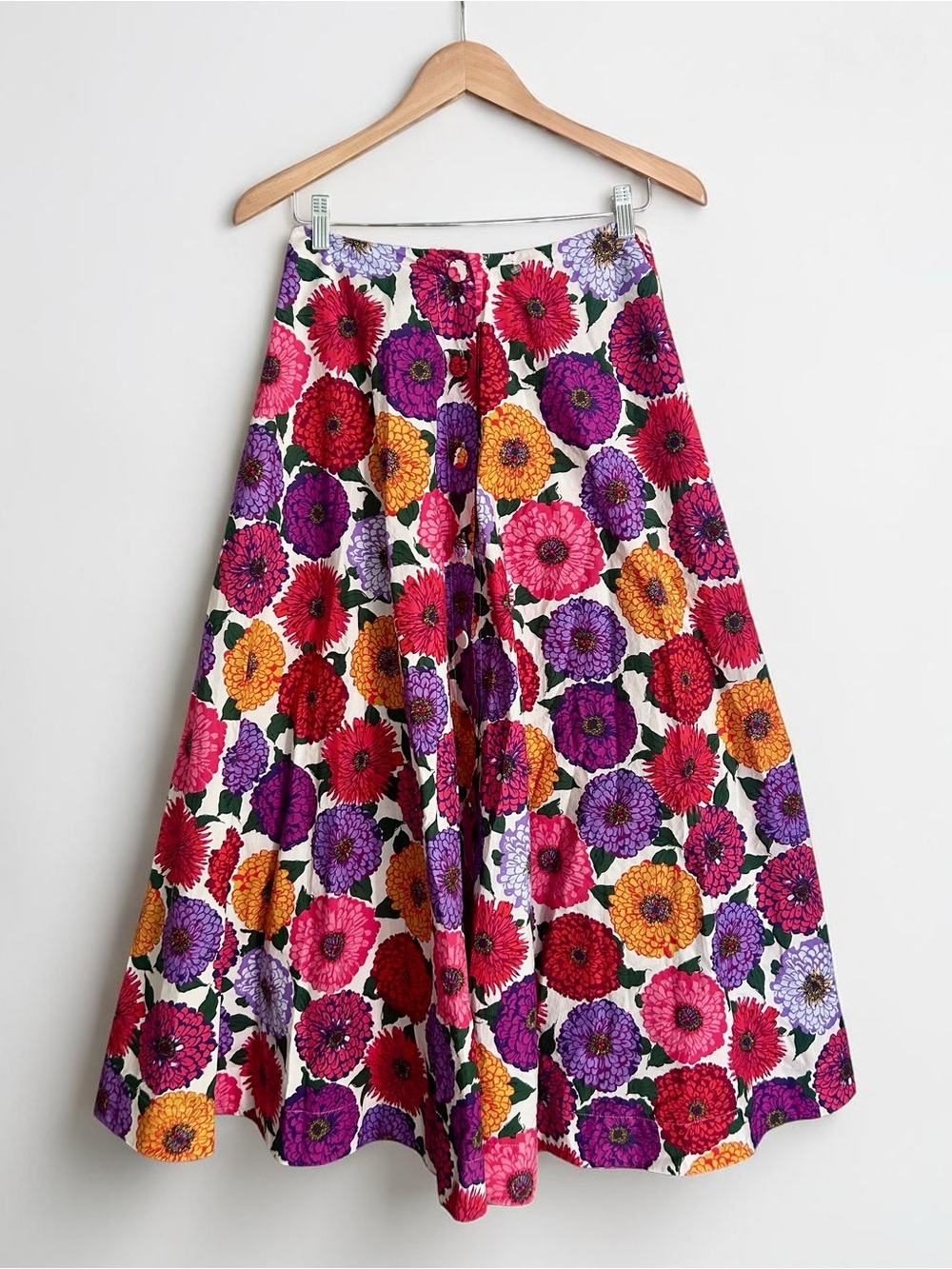 La DoubleJ Holiday Poplin Button-Front Maxi Skirt Zinnie Floral Print Sz Small